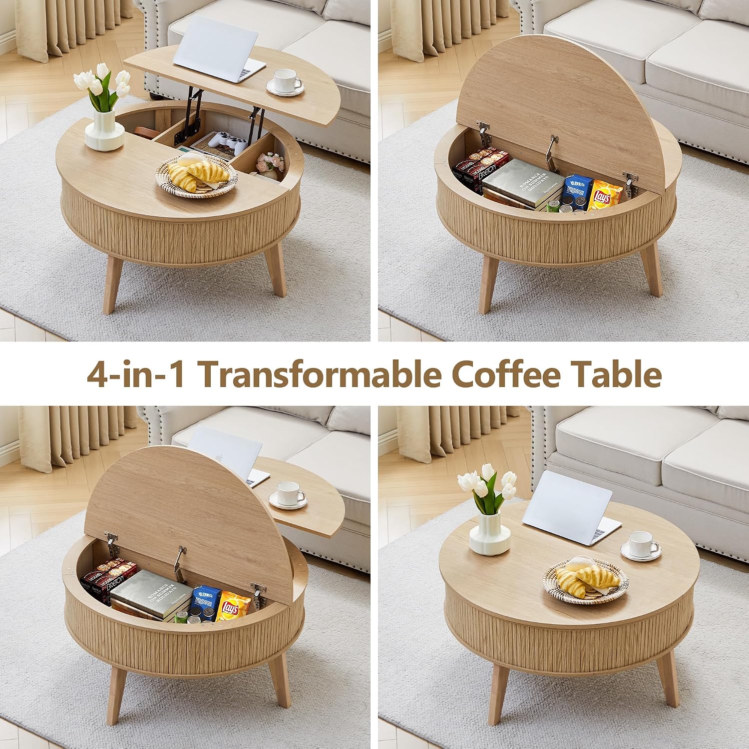 Round Lift Top Coffee Table with Storage, 35.4'' Fluted Wood Center Table Mid Century Modern Coffee Table with Lifting Top for Living Room, Office, Small Space (Natural)