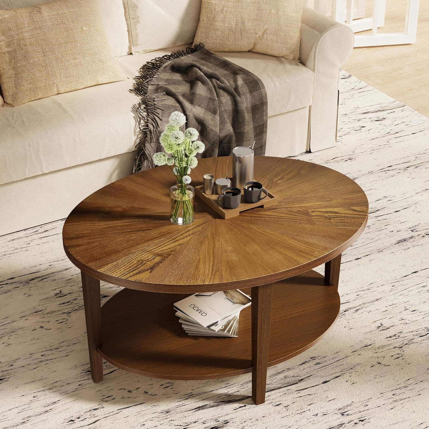 Solid Wood Oval Coffee Table for Living Room, 2 Tier Farmhouse Coffee Table with Storage Shelf, Double Layer Center Table for Living Room, Easy Assembly