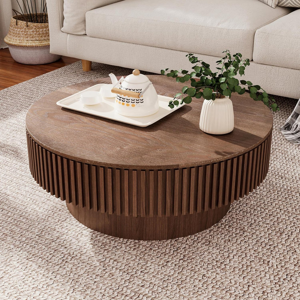 Round Coffee Table with Storage, Modern Handcraft Drum Coffee Table Wood Circle Center Table for Living Room Apartment, 31.49' Walnut