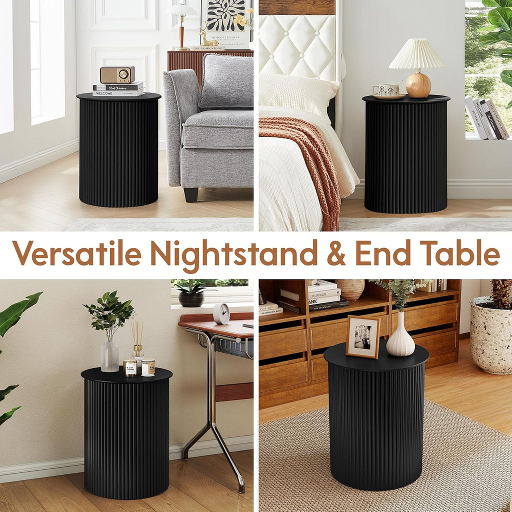 AVZEAR Small Round Side Table Fluted Night Stand Set of 2, 17.7' Mid Century Modern End Table, Circle Bedside Tables Wood Nightstands for Small Spaces, Living Room, Bedroom(Black)