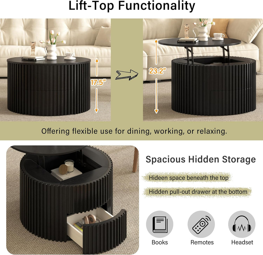 Round Lift Top Coffee Table, 29.8' Modern Fluted Wood Circle Table with Hidden Storage Drawer, Black Solid Wood & MDF Cylinder Side Table for Living Room Bedroom Small Space
