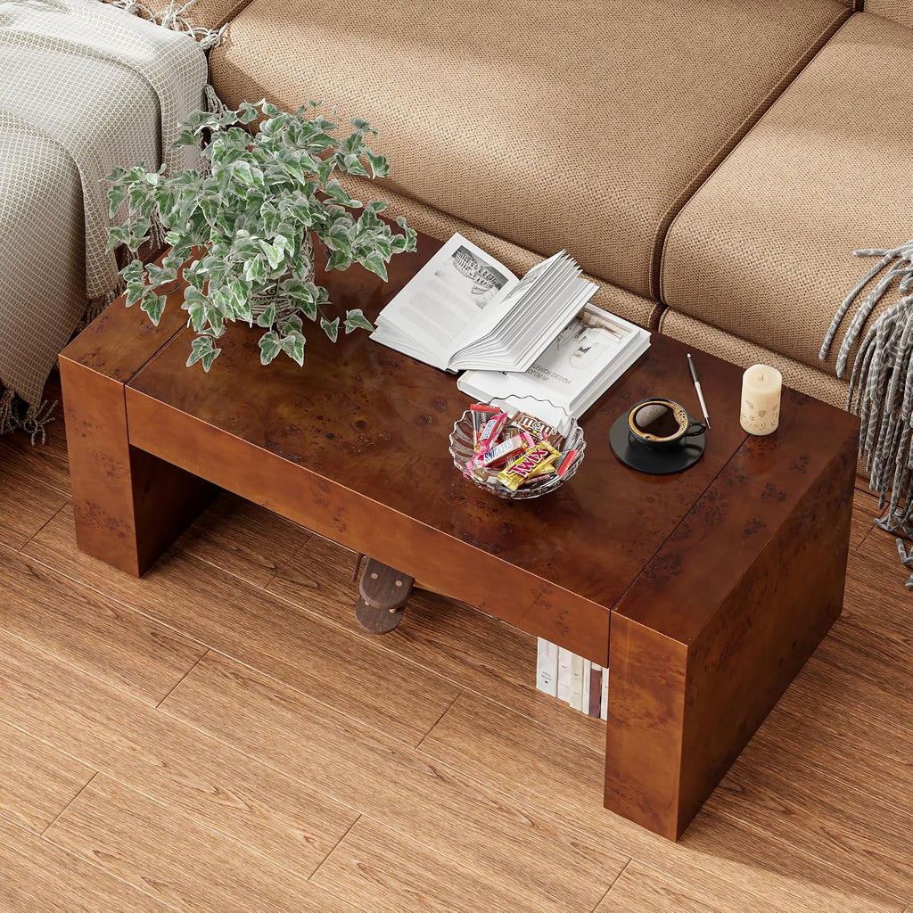 COZAYH Modern Burl Finish Coffee Table, Wood Block Center Table with Thick Legs, Minimalist Rectangular Cocktail Table for Living Room, Dark Brown