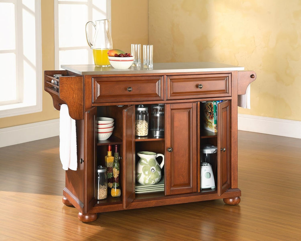 Crosley Furniture Alexandria Stainless Steel Top Rolling Kitchen Island Storage Cart, Spice Rack, Cherry