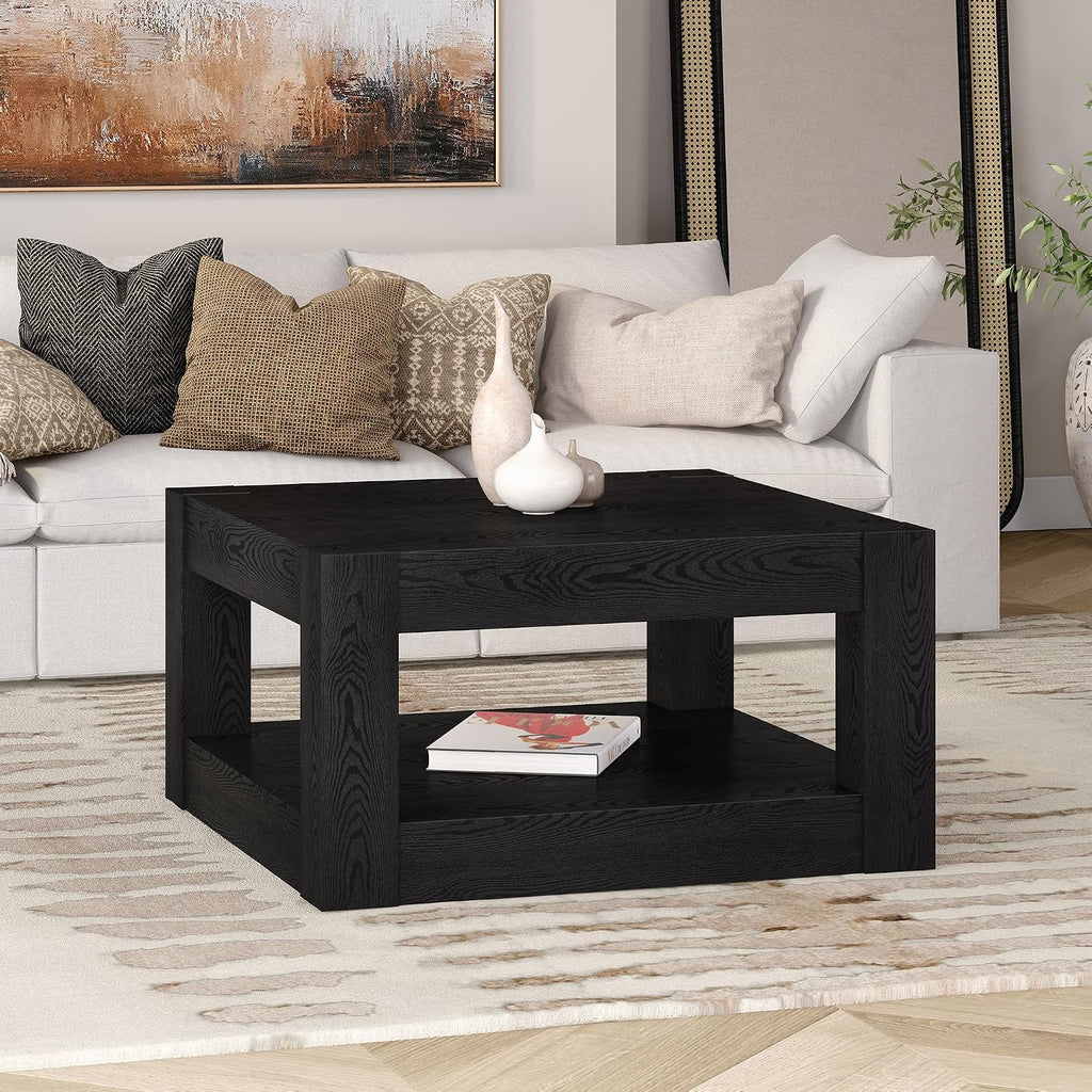 Henn&Hart 32' Wide Square Coffee Table in Natural Black, for Home, Living Room, Bedroom, Entertainment Room, Office