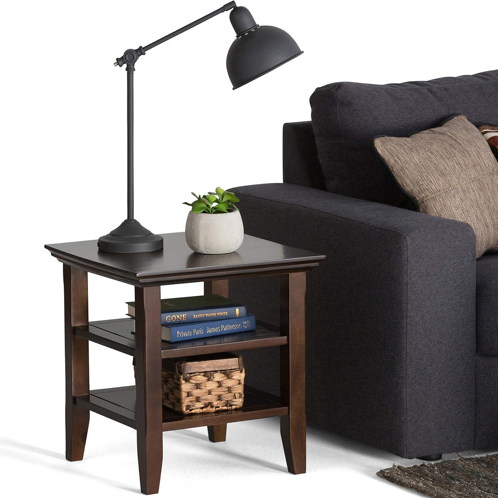 SIMPLIHOME Acadian End Table - 19 inch Wide Solid Wood Square Side Table with 2 Open Shelves in Brunette Brown, Transitional Nightstand or Shelving Unit for Living Room or Bedroom with Storage