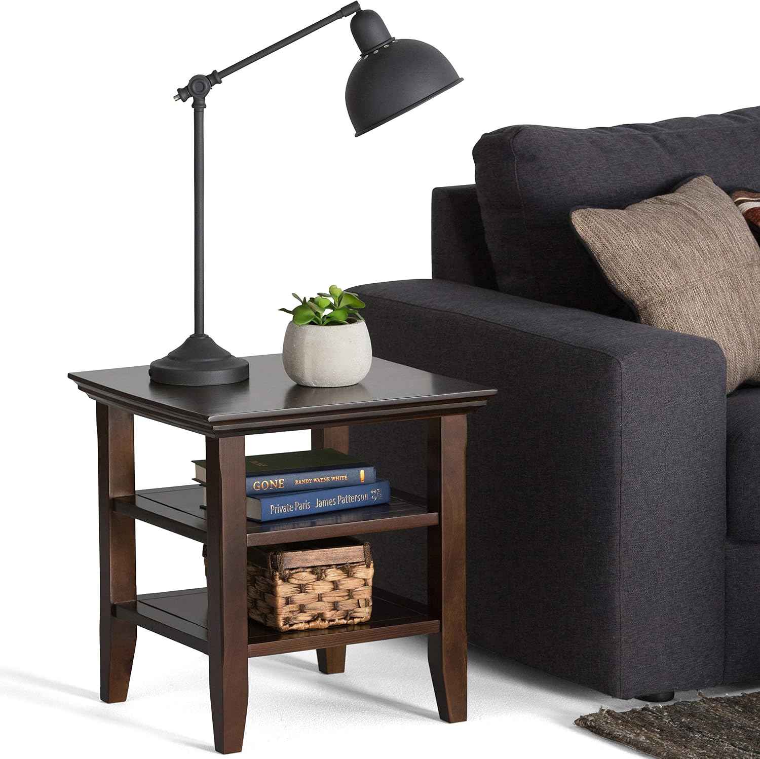 SIMPLIHOME Acadian End Table - 19 inch Wide Solid Wood Square Side Table with 2 Open Shelves in Brunette Brown, Transitional Nightstand or Shelving Unit for Living Room or Bedroom with Storage