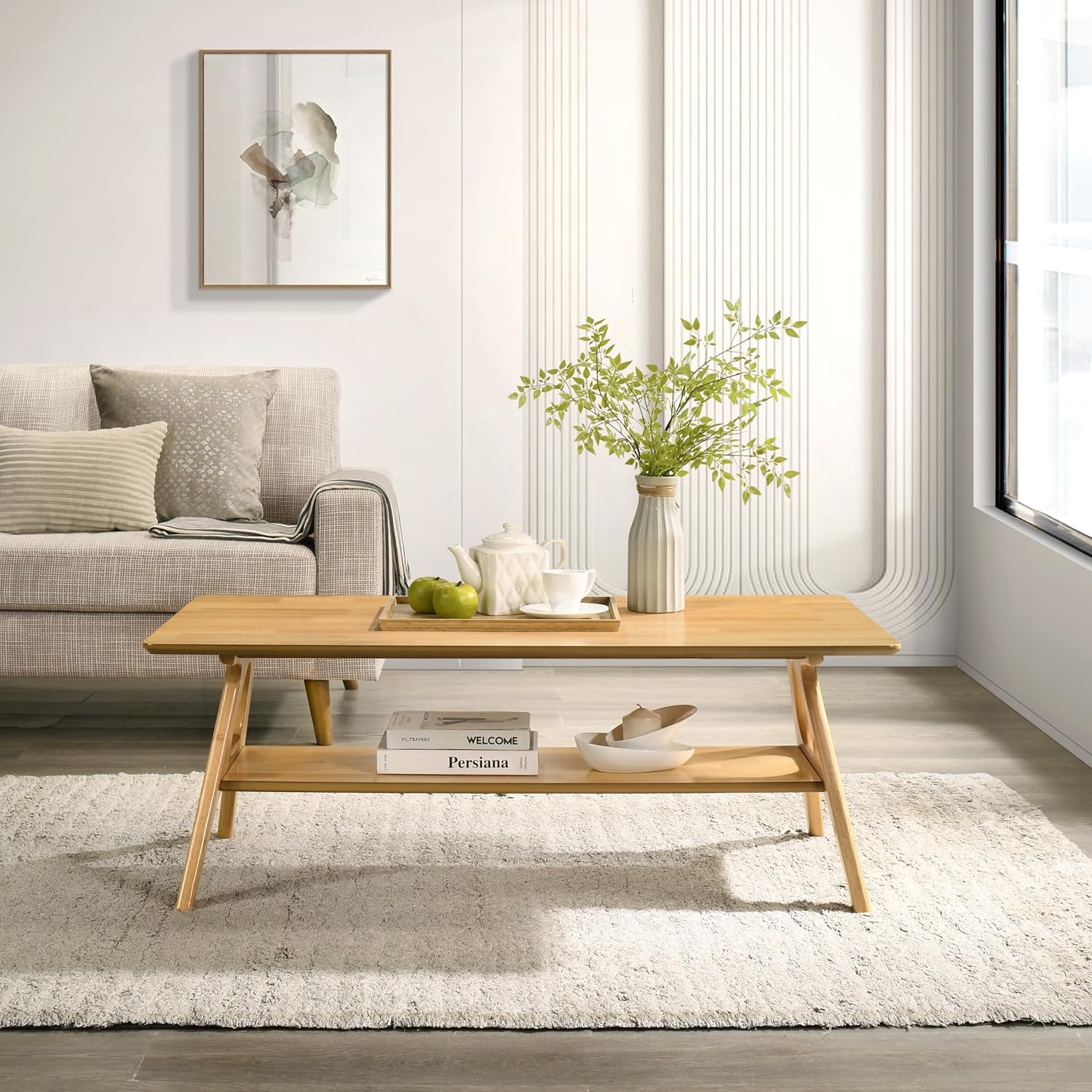 Roundhill Furniture Arona Mid-Century Modern Wood Shelf Coffee Table, Natural Oak Finish