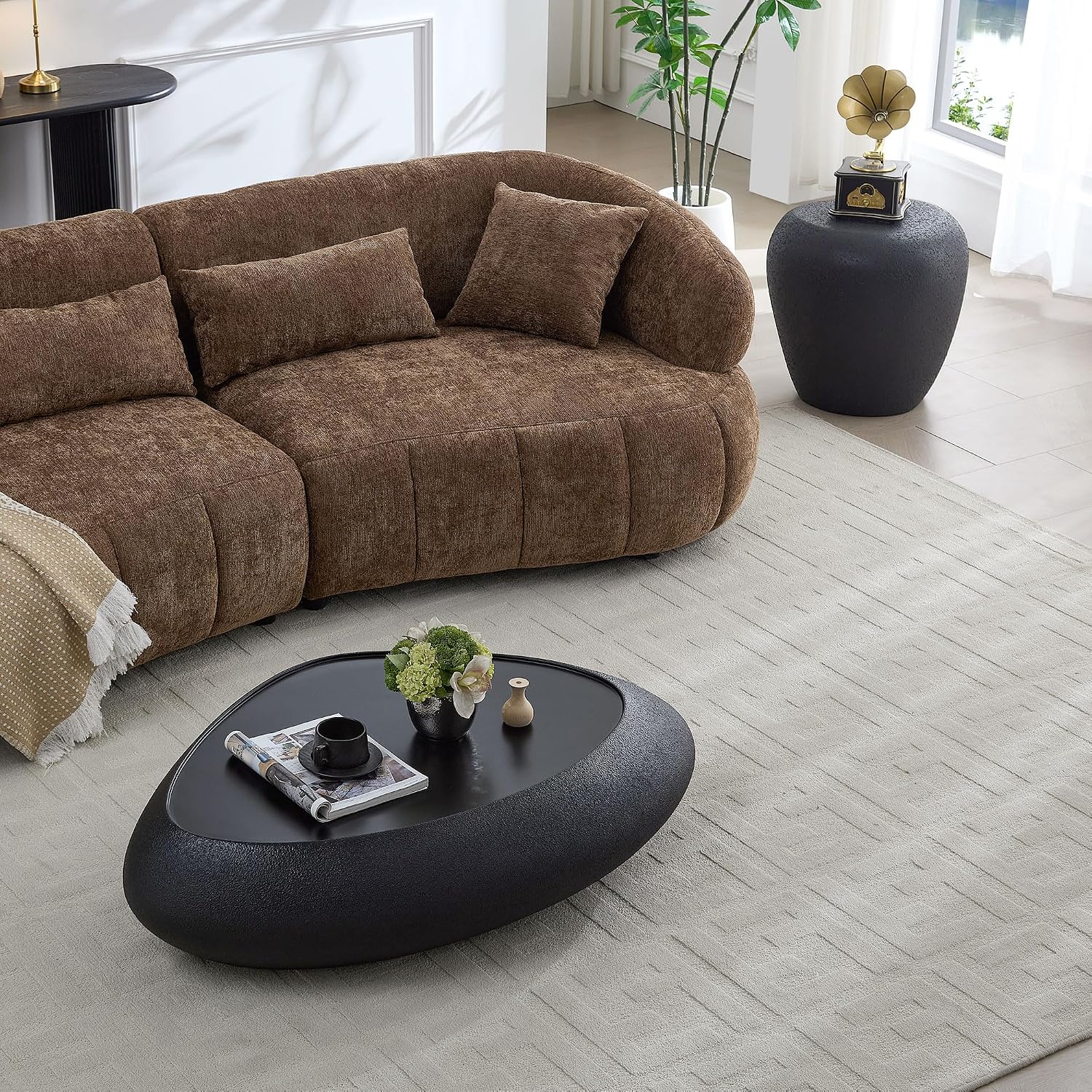 Oval Coffee Table for Living Room, Faux Stone Center Table, Accent Irregular Tea Table for Office Apartment, No Need Assembly, Black