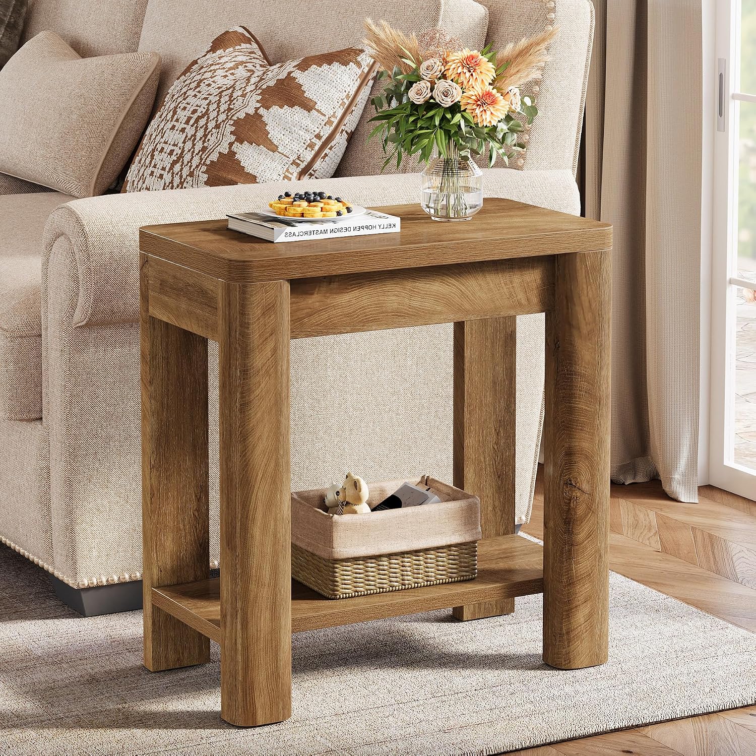 Tribesigns End Table for Living Room, Farmhouse Wooden Side Table with Storage Shelf, Small Narrow Bedside Accent Furniture for Bedroom (Brown, 2PCS)