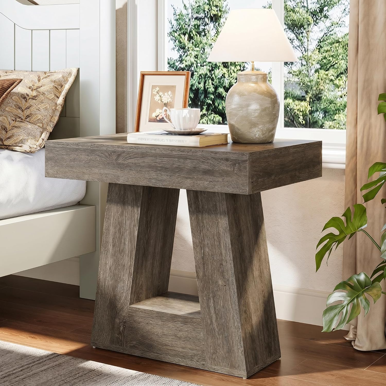 Tribesigns 24' Modern Side Table, 2-Tier Narrow Wooden End Table with Trapezoid Base, Farmhouse Small Nightstand for Living Room, Bedroom (1, Gray)