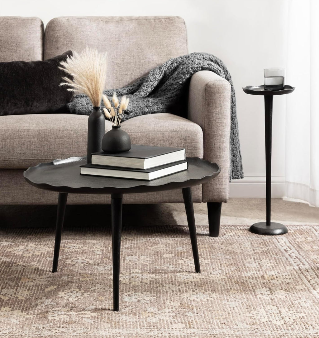 Kate and Laurel Alessia Modern Round Metal Coffee Table; 26 x 26 x 16; Black; Sand Cast Aluminum Coffee Table with Raised Deckled Edge for Storage and Display