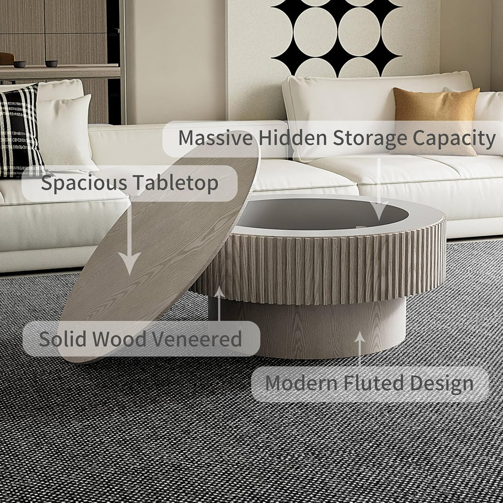 31.5'' Round Coffee Table with Storage, Modern Luxury Circle Drum Center Tables with Solid Wood Veneered, Accent Side Coffee Table for Living Room, Bedroom, Apartment-White