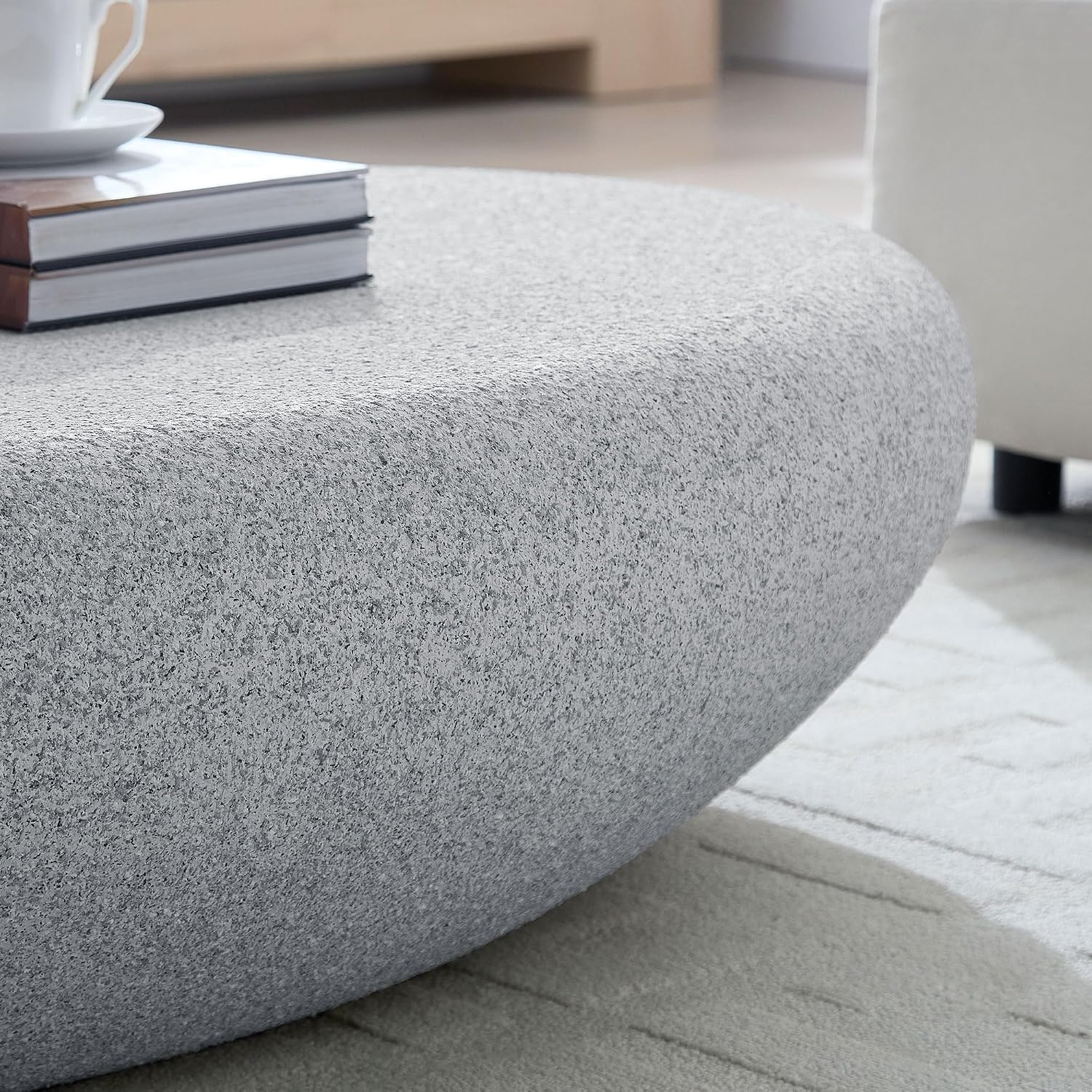 55.12' Modern Faux Stone Coffee Table for Living Room, Fiberglass Minimalist Accent Center Table, Oval Stone Tea Table for Office, Apartment, No Need Assembly, Rock Grey