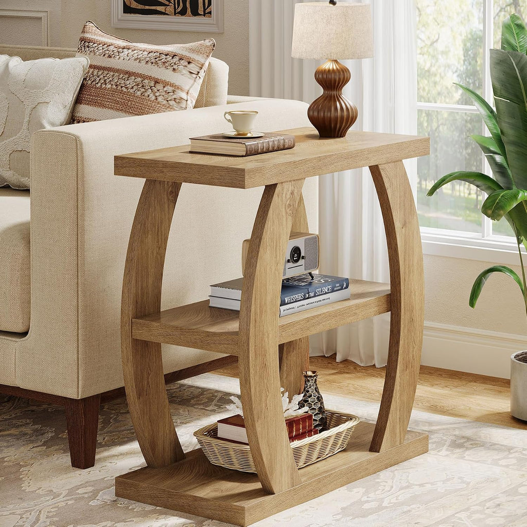 Tribesigns End Table for Living Room Set of 2, 3-Tier Narrow Side Table with Storage, Farmhouse Wooden Beside Table with Geometric Frame, Tall Nightstand for Bedroom, Small Spaces, Natural Oak