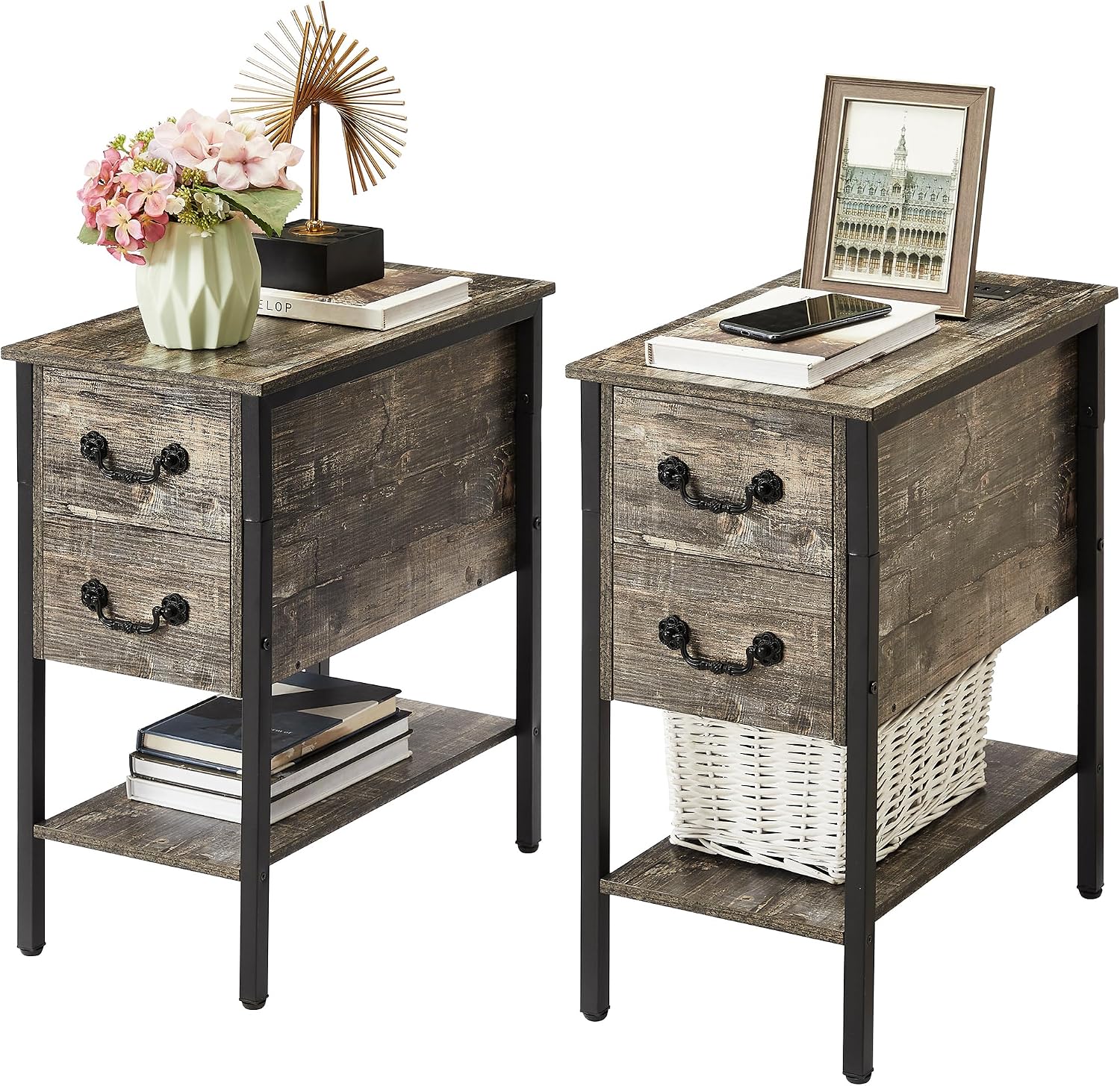 VECELO End Tables,Narrow Nightstands with Charging Station & USB Ports &Drawers,Night Stand for Living Room, Bedroom,Misty Gray