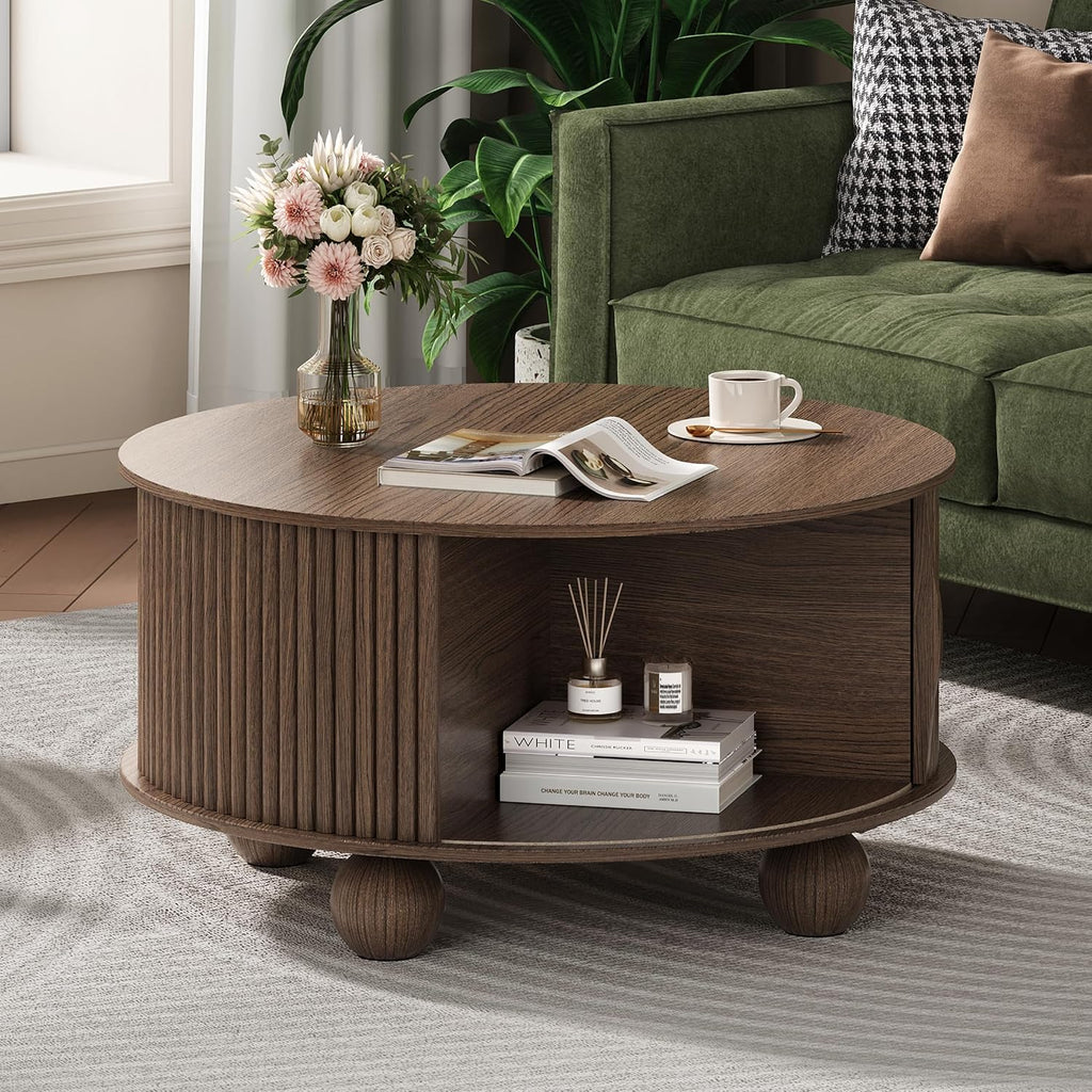 Round Coffee Table with Storage, 31.5' Mid Century Modern Coffee Table with Sliding Door & Bun Feet, Minimalist Fluted Center Table for Living Room, Home Small Space, Walnut