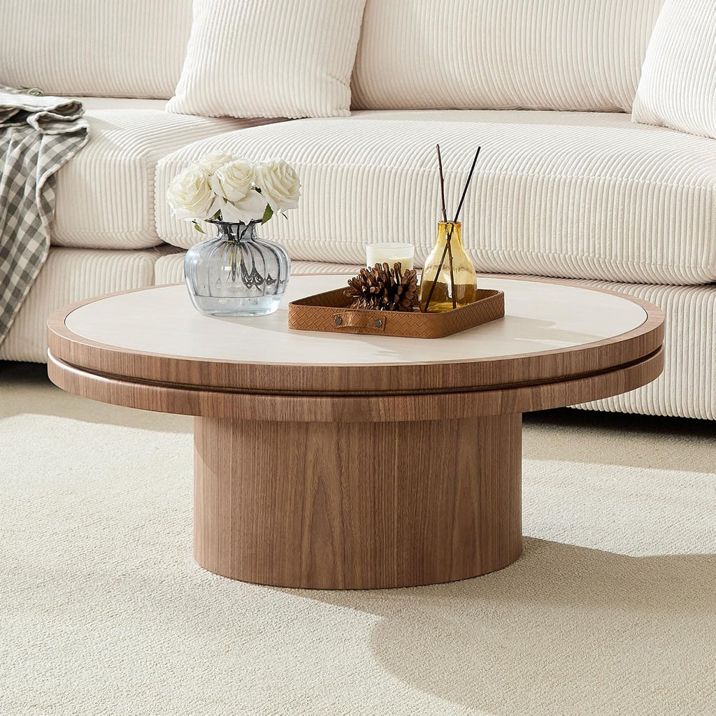 35.43' Farmhouse Round Coffee Table with Sintered Stone Tabletop, Sturdy Wood MDF Pedestal Coffee Tables for Living Room, Modern Circle Center Tea Table for Apartment, Office Bedroom Walnut