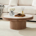 35.43' Farmhouse Round Coffee Table with Sintered Stone Tabletop, Sturdy Wood MDF Pedestal Coffee Tables for Living Room, Modern Circle Center Tea Table for Apartment, Office Bedroom Walnut