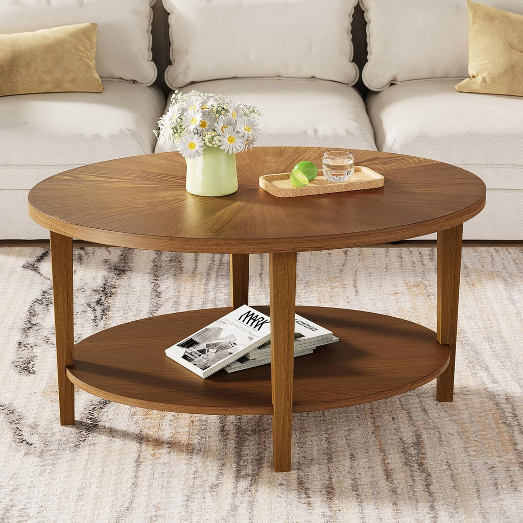 Solid Wood Oval Coffee Table for Living Room, 2 Tier Farmhouse Coffee Table with Storage Shelf, Double Layer Center Table for Living Room, Easy Assembly