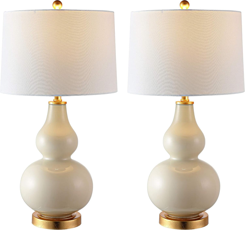 SAFAVIEH Lighting Collection – Karlen Set of 2 Cream & Gold Leaf Double Gourd Glass Table Lamps, Modern Contemporary Design, LED Bulbs Included (TBL4223A-SET2)