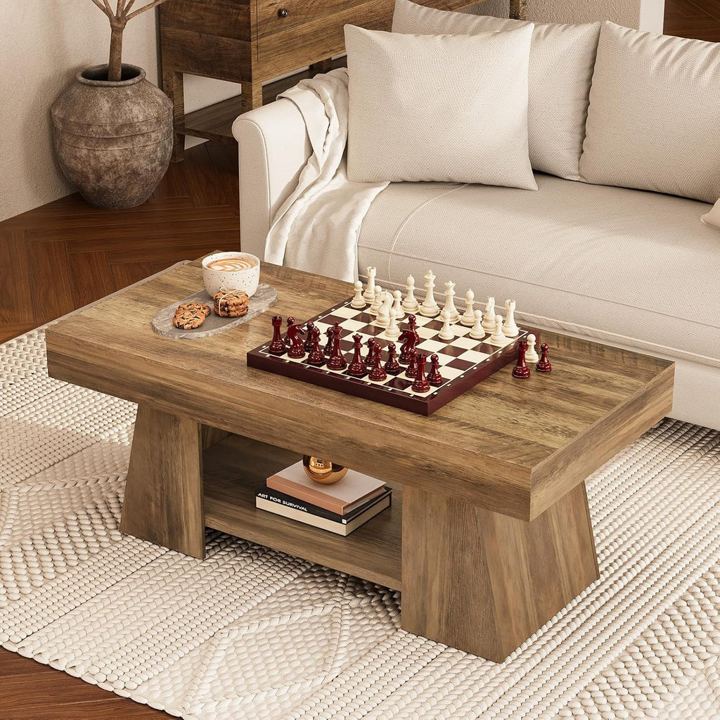 Tohomeor Coffee Table, 47.24' Farmhouse Wooden Rectangular Accent Center Tables with Storage Shelf Thick Base for Living Room, Home Office, Retro Brown