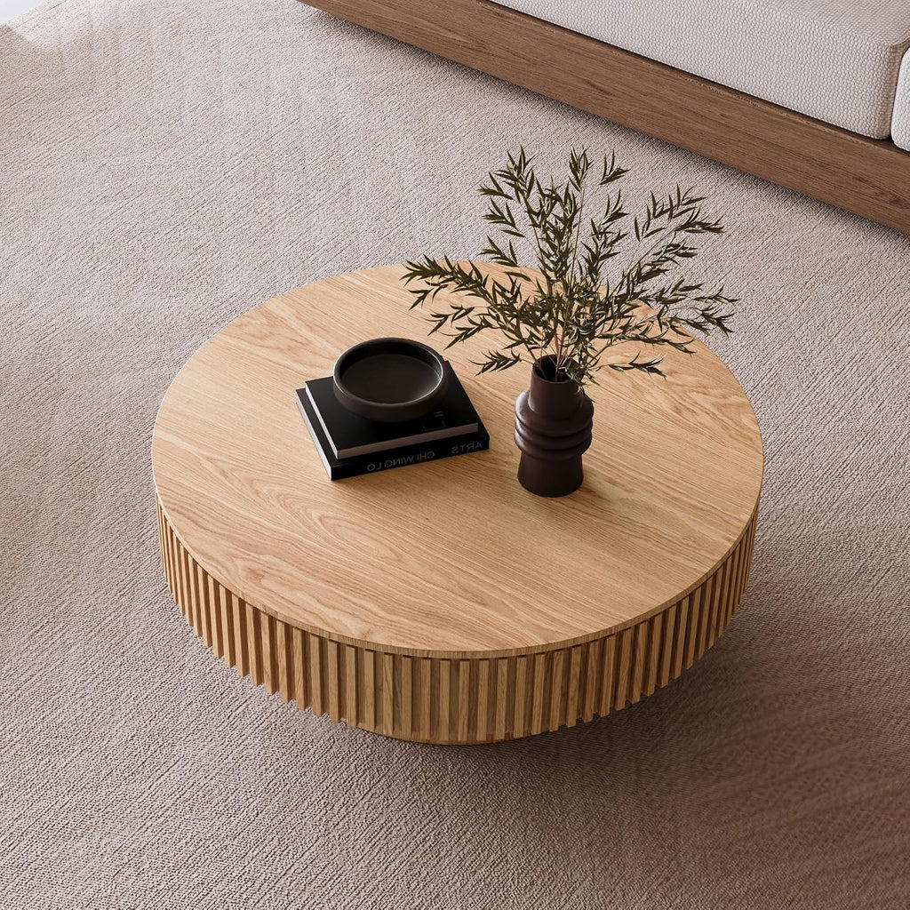 39.37' Round Coffee Table with Storage for Living Room Wood Coffee Table Contemporary Circle Center Table for Apartment, Easy Assembly, Oak