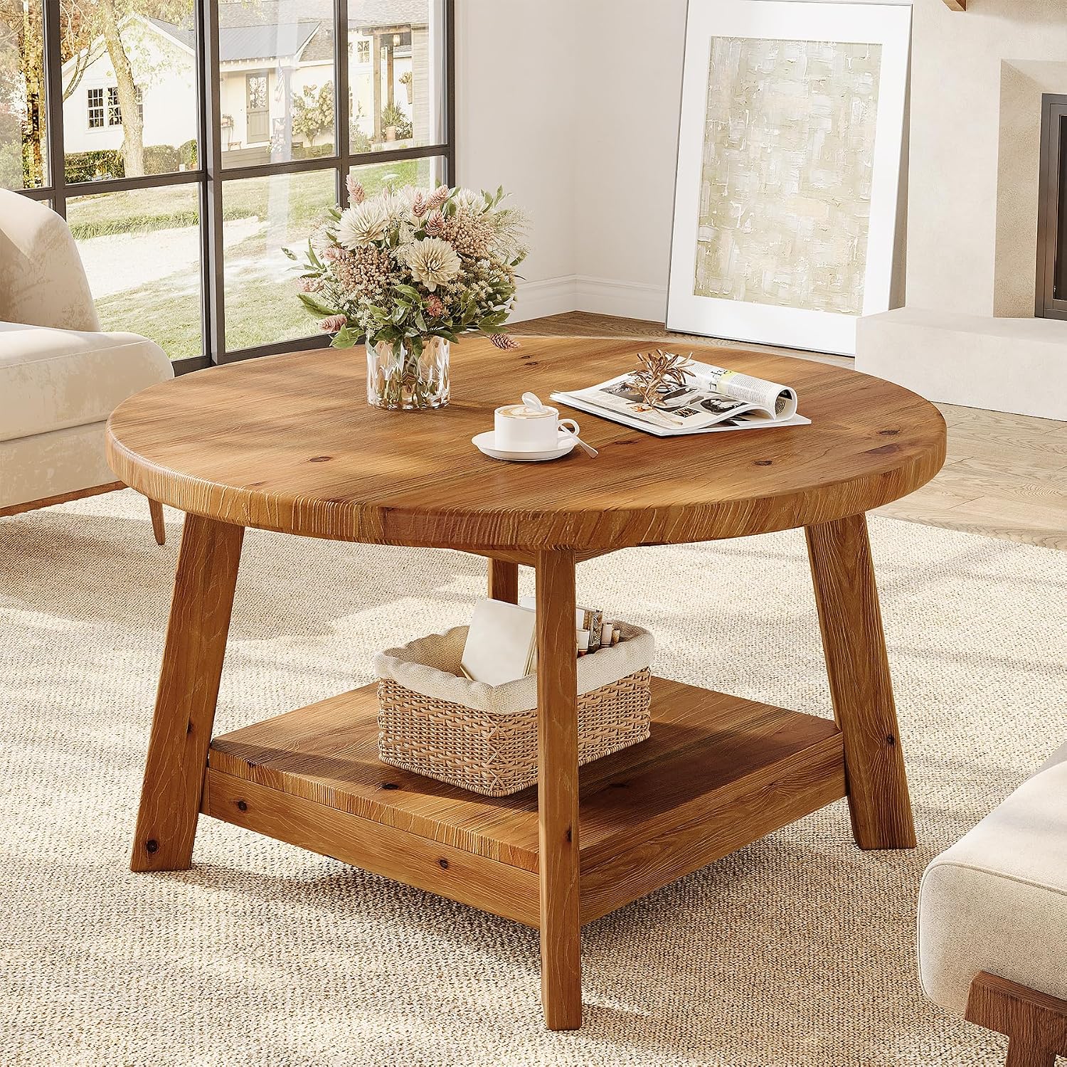 Solid Wood Round Coffee Table for Living Room, 31.5' Farmhouse Wooden 2-Tier Circle Center Cocktail Accent Table with Storage Shelf and Tapered Legs for Apartment, Small Space, Brown