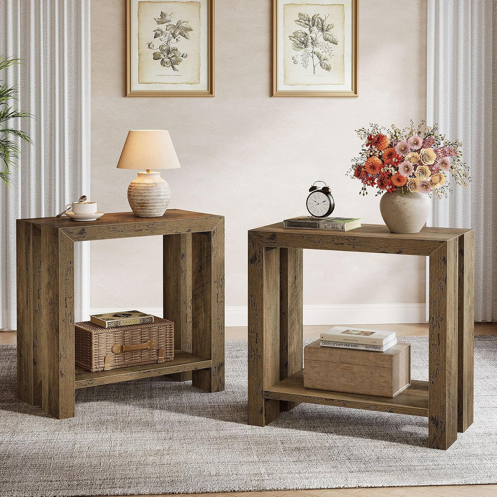 Tribesigns 2-Tier Narrow Side Table Set of 2, Farmhouse Wooden Sofa End Table with Bottom Shelf, Skinny Accent Nightstand for Small Space, Living Room, Bedroom, Easy Assembly (2)
