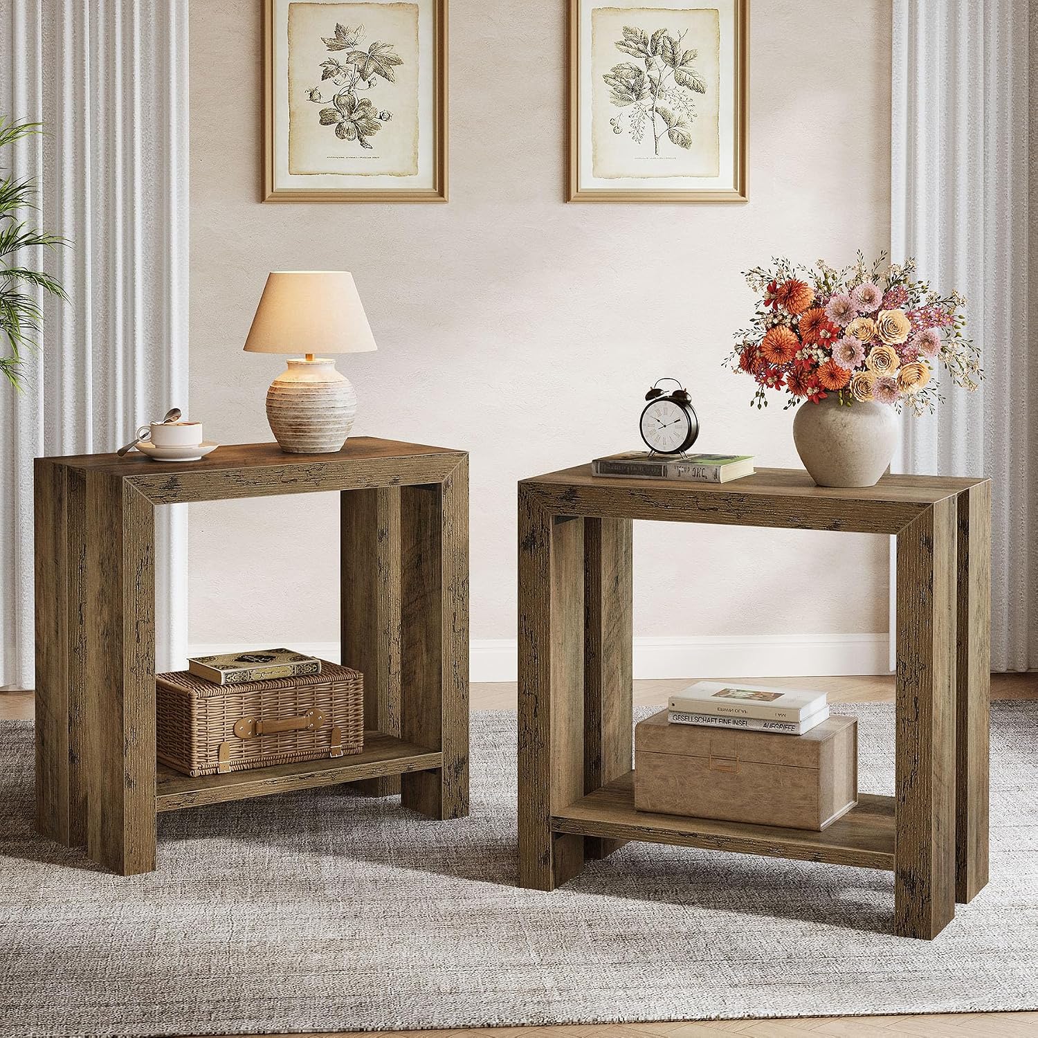 Tribesigns 2-Tier Narrow Side Table Set of 2, Farmhouse Wooden Sofa End Table with Bottom Shelf, Skinny Accent Nightstand for Small Space, Living Room, Bedroom, Easy Assembly (2)