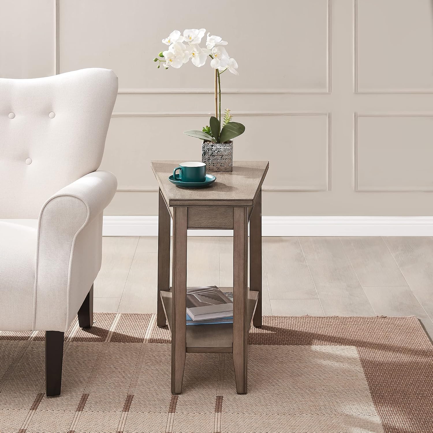 Leick Home Laurent End Table, Solid Wood, Wedge Shape, with Shelf, for Living Room and Small Spaces, Gray, 10502-GR