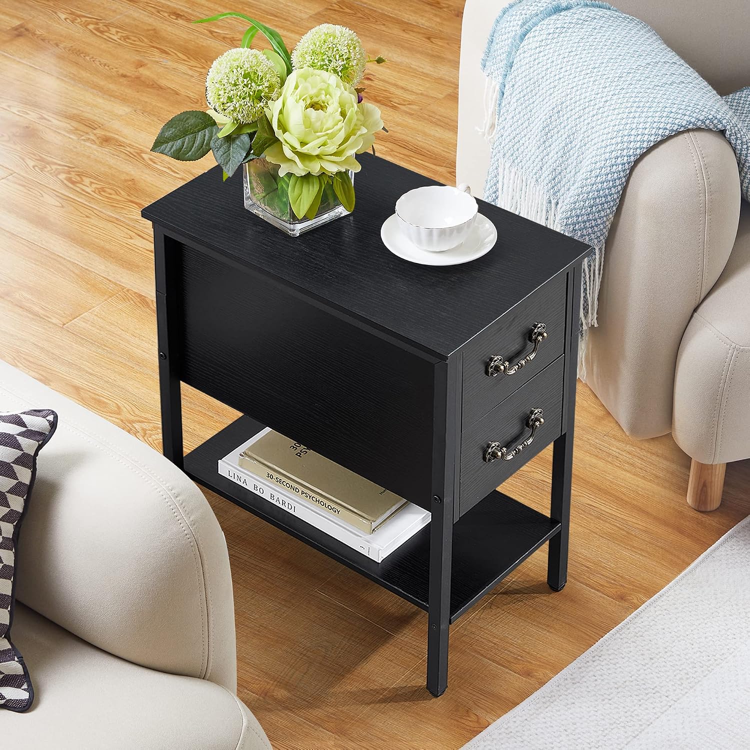 VECELO End Tables,Narrow Nightstand with Drawers and Storage Shelf,Modern Night Stand for Small Spaces, Living Room,Bedroom，Black