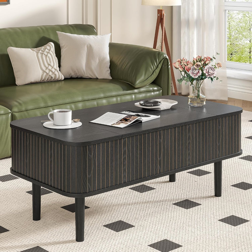 Fluted Lift Top Coffee Table with Storage, Mid Century Modern Coffee Table for Living Room, Home Small Space,39.4' Fluted Center Table (Rectangle-Black, 39.4inch)