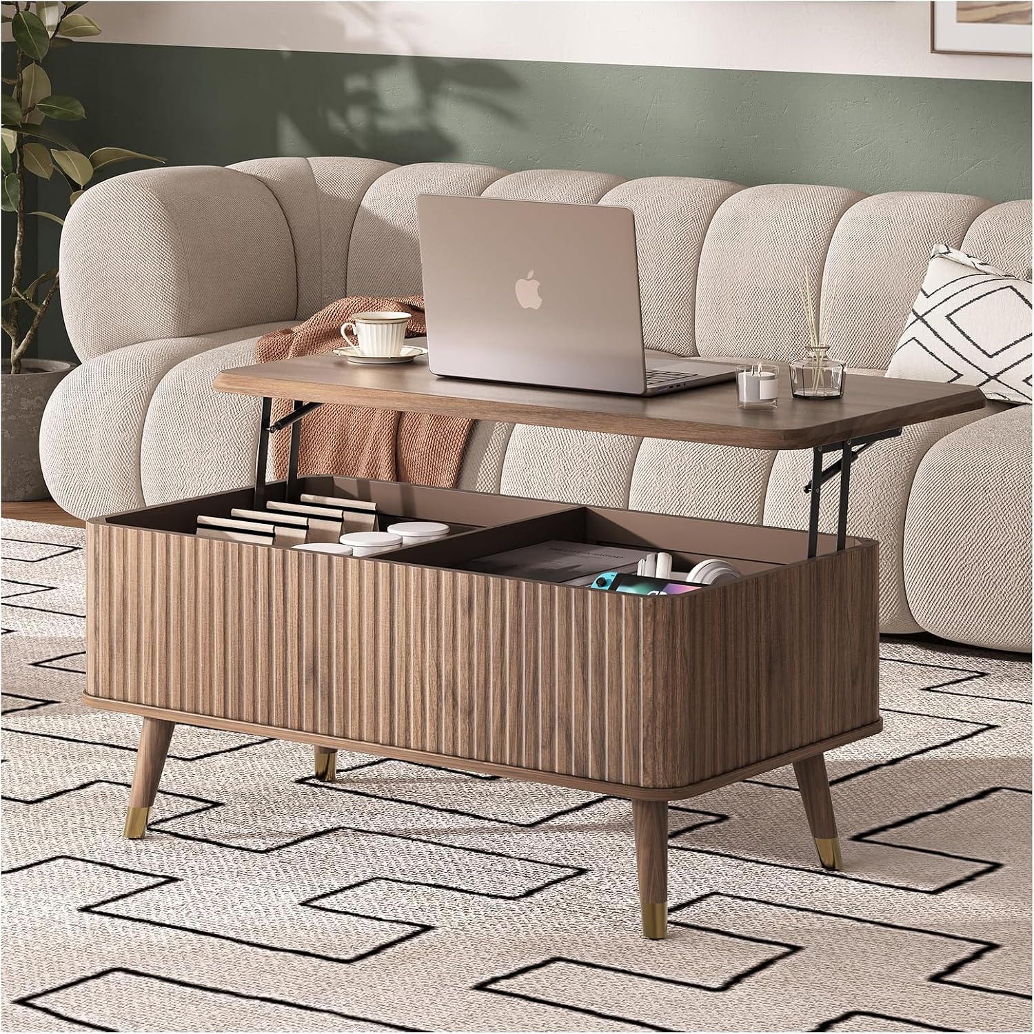 Lift Top Coffee Table with Storage, Mid Century Modern Coffee Table with Solid Wood Legs, 38' Minimalist Fluted Center Table for Living Room, Home Office, Walnut