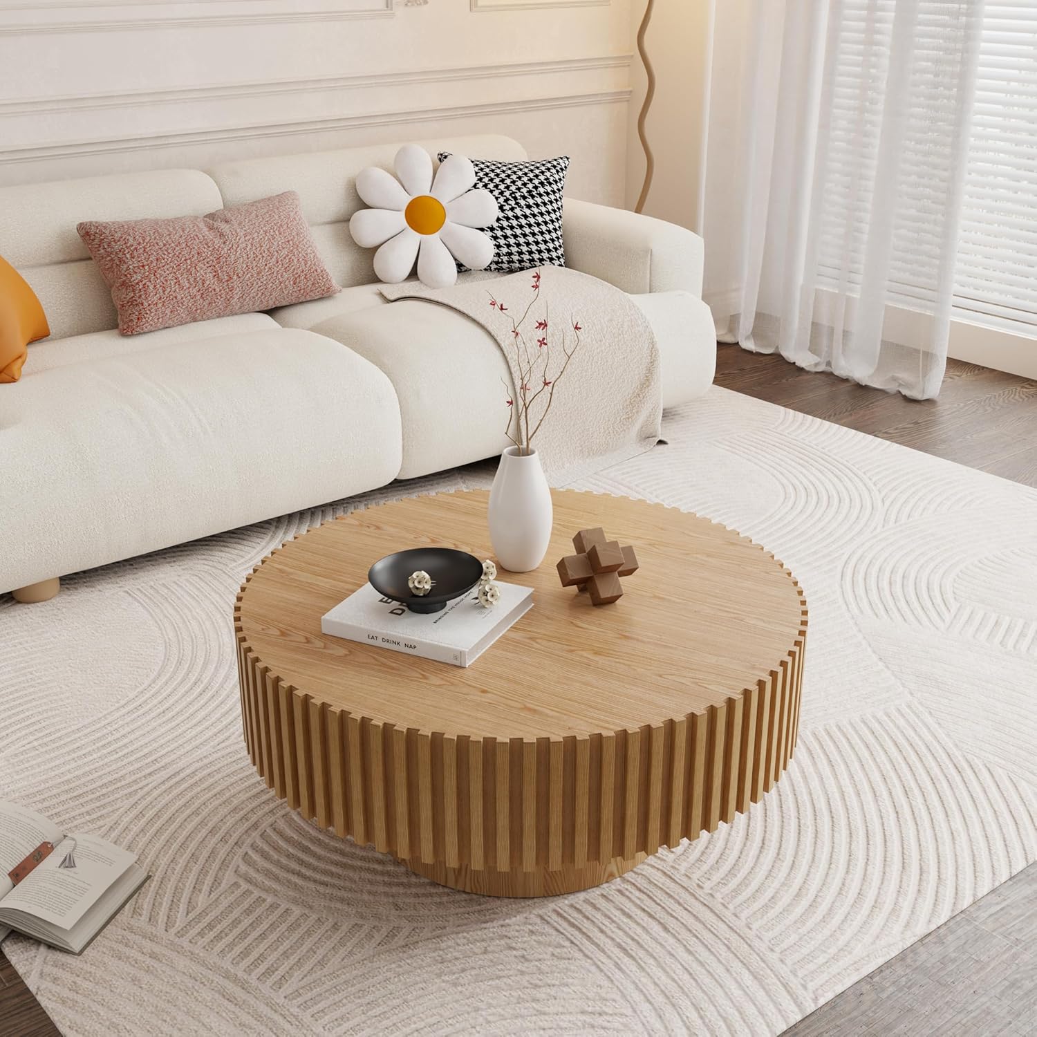 31.49' Round Coffee Table Wood, Modern Drum Fluted Oak Coffee Table for Living Room, Contemporary Minimalist Low Circle Center Table Side Table for Apartment, Farmhouse, Office Natural Ash