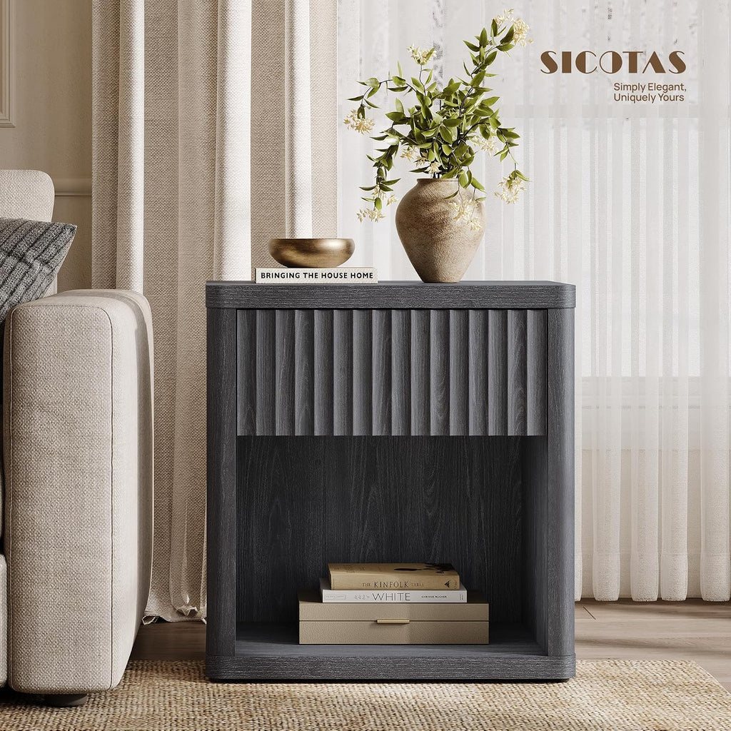SICOTAS Night Stand Set of 2 Nightstands with Drawer Storage Fluted Bed Side Table End Table Large Modern Wide Bedside Mid Century Night Stands for Bedroom Living Room Sofa Office, Dark Grey Alder