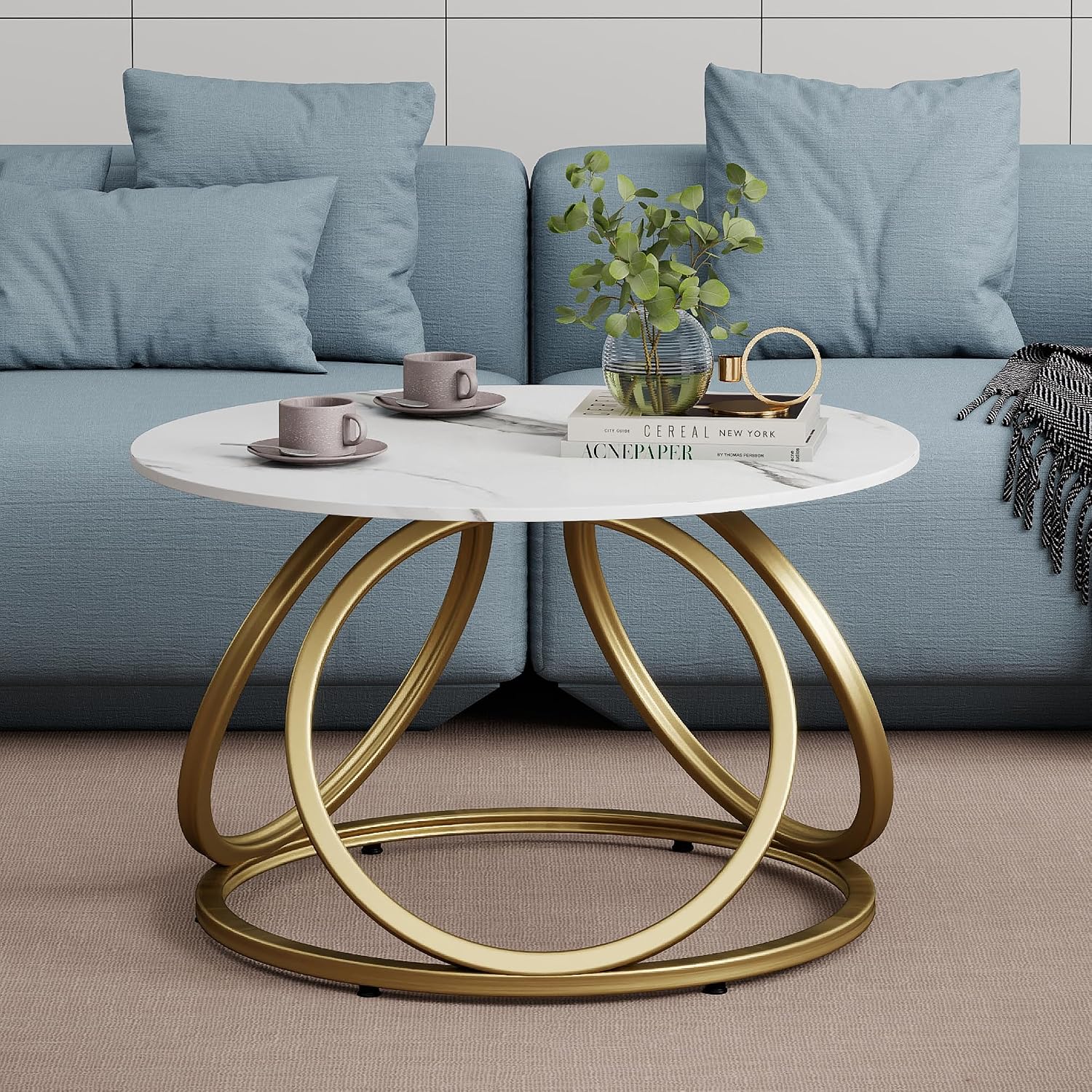 O&K FURNITURE Gold Round Coffee Table, Faux Marble Top with Veins, Modern Center Table with Gold Metal Frame, for Living Room, Home Office, 1 PC