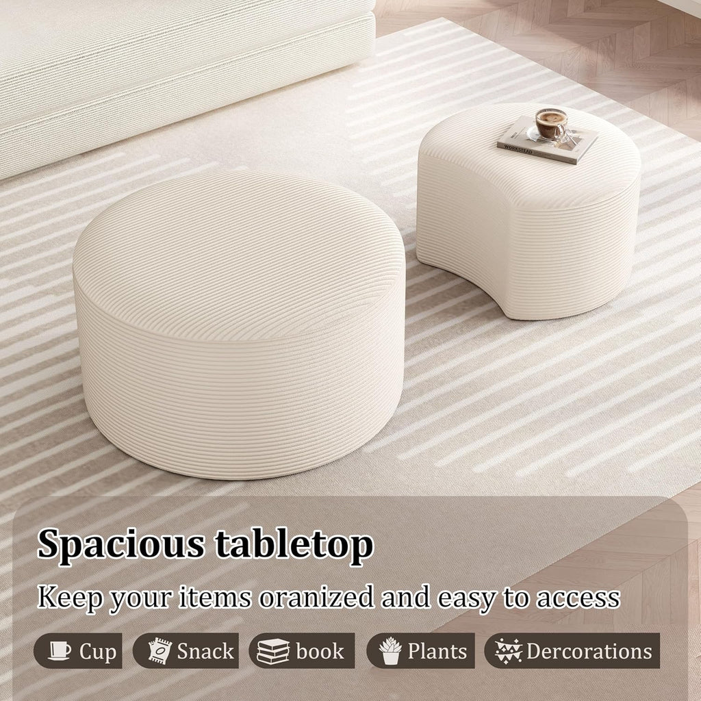 BSHOMGI Round Coffee Table Set of 2, Movable Ottoman for Corduroy Cloud Sectional Couches Circle Foam Round Side Table for Living Room, Entryway Set, 32'+17' Footrest No Assembly (Beige, 32'+17')