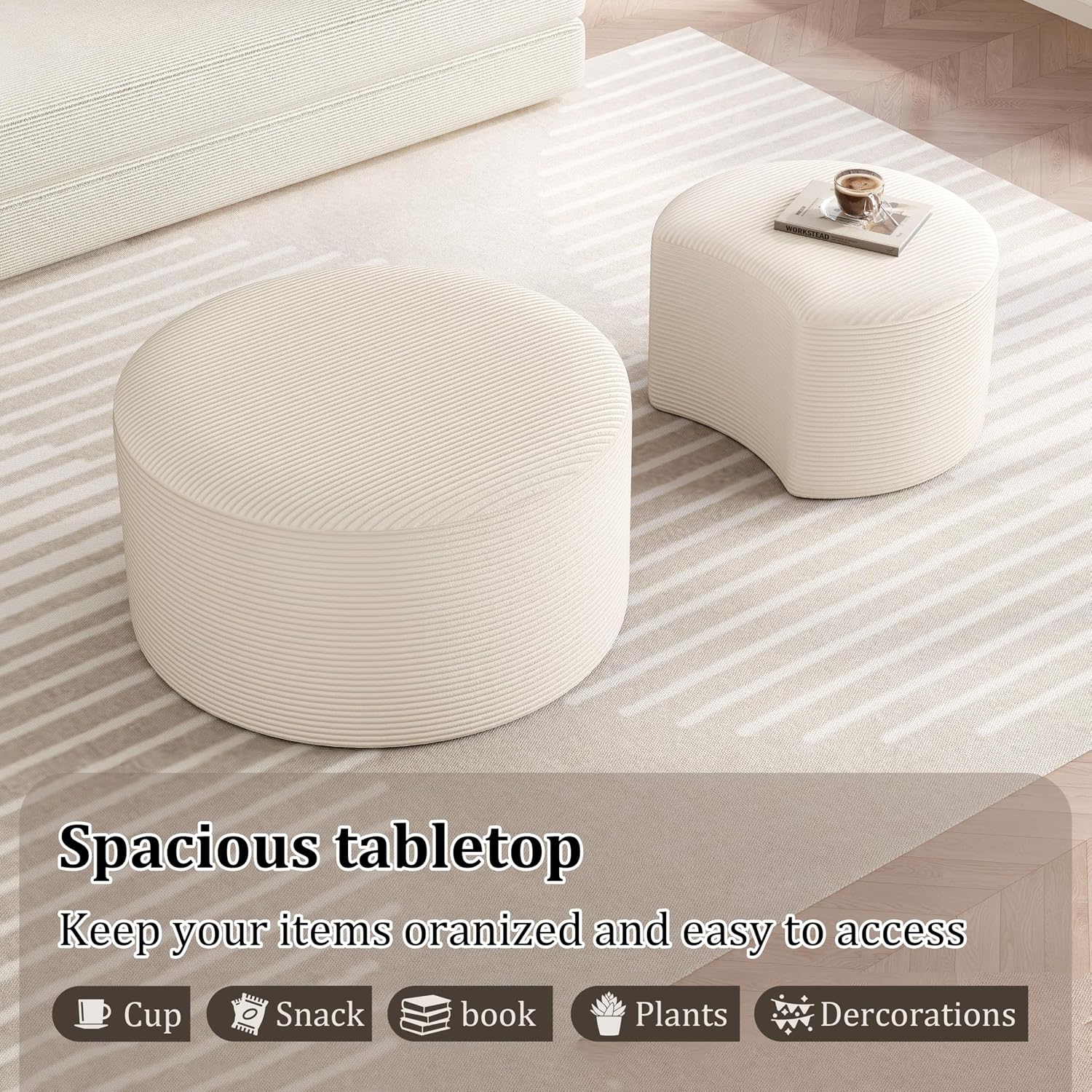 BSHOMGI Round Coffee Table Set of 2, Movable Ottoman for Corduroy Cloud Sectional Couches Circle Foam Round Side Table for Living Room, Entryway Set, 32'+17' Footrest No Assembly (Beige, 32'+17')