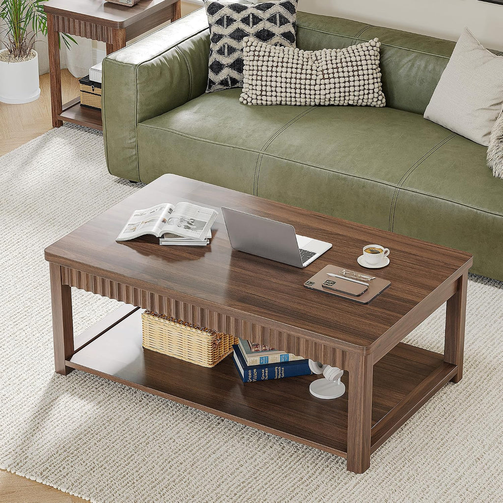Homkdom Coffee Table, 39 Inch Modern Coffee Tables for Living Room with 2-Tier Storage & Wave-Edge, Walnut Center Table for Bedroom/Office