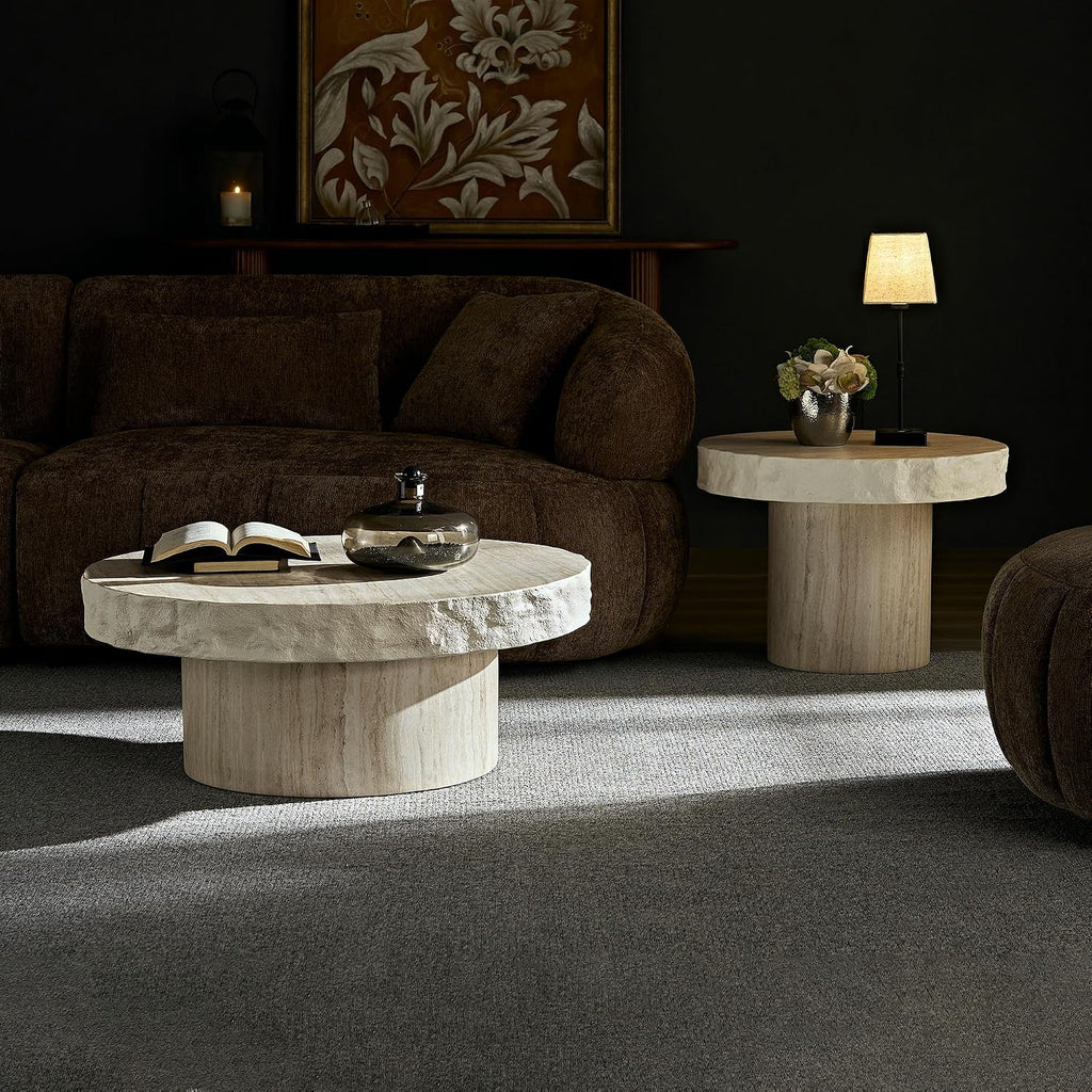 31.69' Round Coffee Table with Round Pedestal, Fiberglass Faux Marble Tabletop for Living Room, Modern Circle Center Table Tea Table for Apartment, Office, Beige Mars Pattern