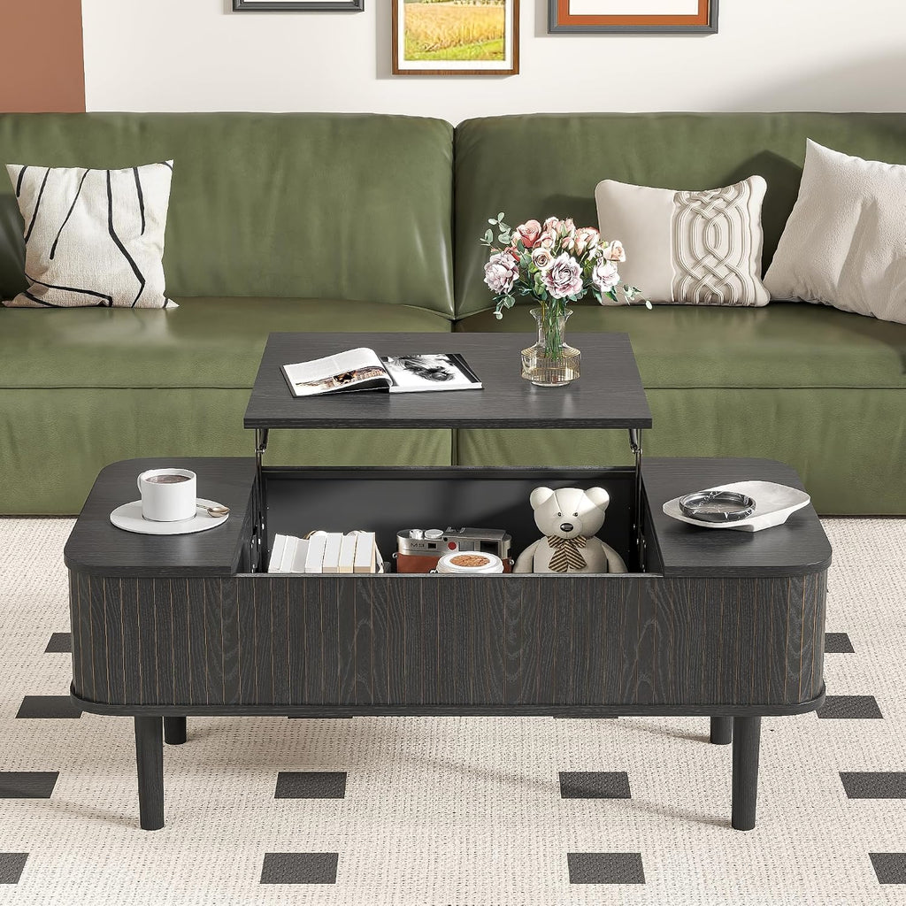 Fluted Lift Top Coffee Table with Storage, Mid Century Modern Coffee Table for Living Room, Home Small Space,39.4' Fluted Center Table (Rectangle-Black, 39.4inch)