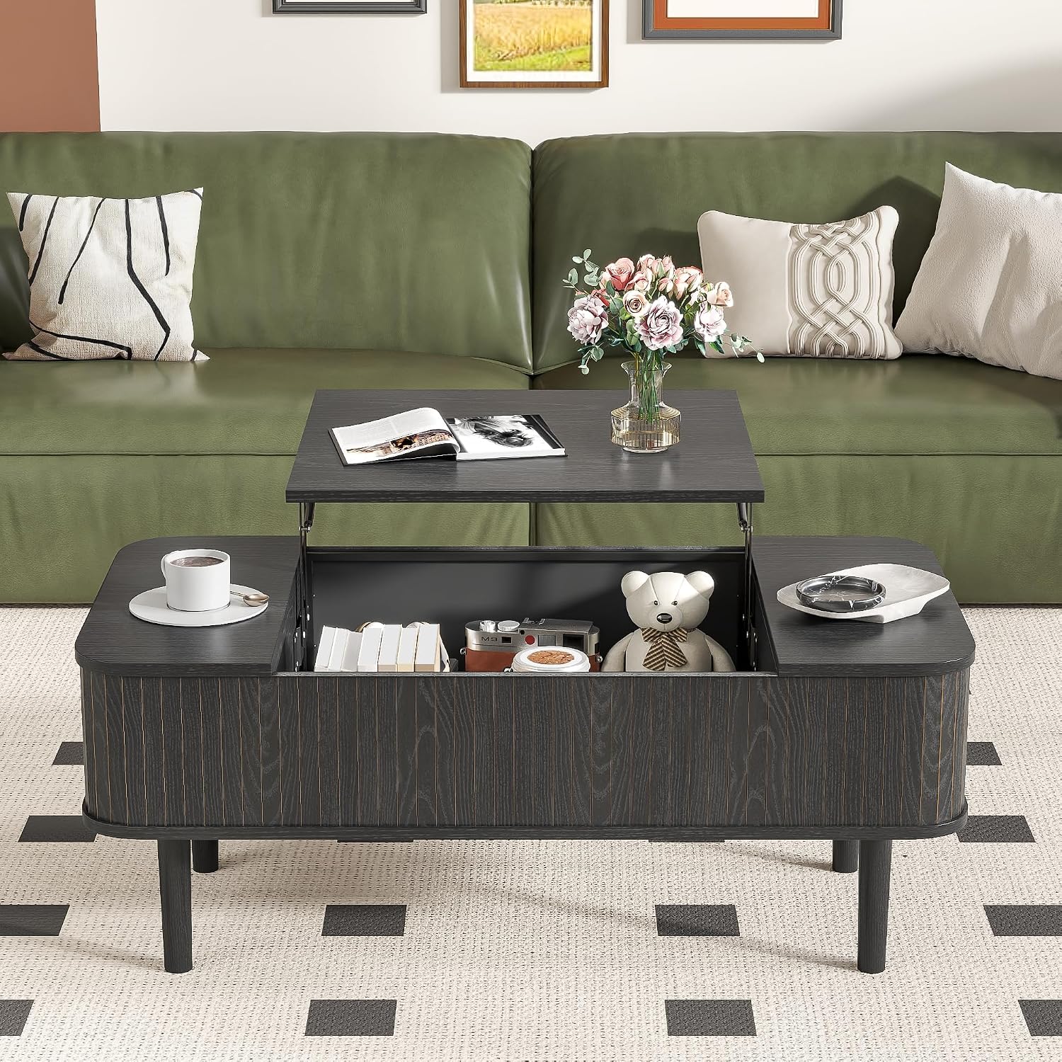 Fluted Lift Top Coffee Table with Storage, Mid Century Modern Coffee Table for Living Room, Home Small Space,39.4' Fluted Center Table (Rectangle-Black, 39.4inch)
