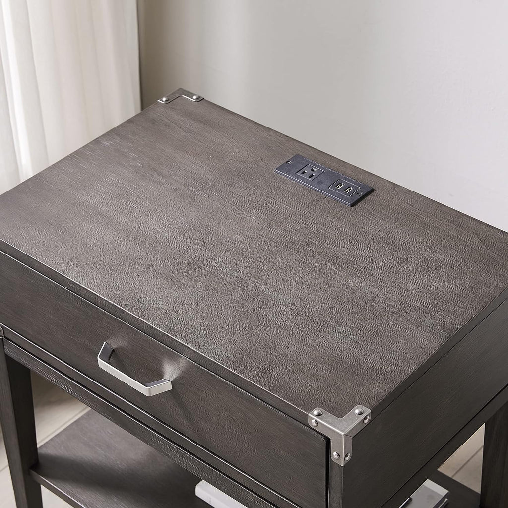 Leick Home 24022 Beckett Nightstand Side Table One Drawer Rustic USB-C Fast Charging Station, A/C and USB Charging Port Integrated Durable Solid Wood Living Room, Bedroom, Office, Anthracite/Pewter