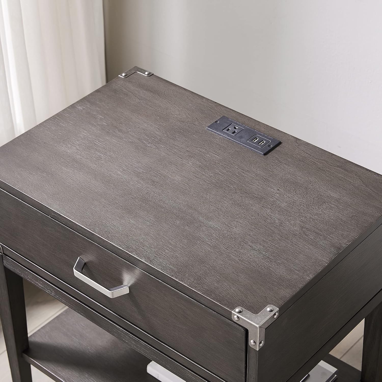 Leick Home 24022 Beckett Nightstand Side Table One Drawer Rustic USB-C Fast Charging Station, A/C and USB Charging Port Integrated Durable Solid Wood Living Room, Bedroom, Office, Anthracite/Pewter