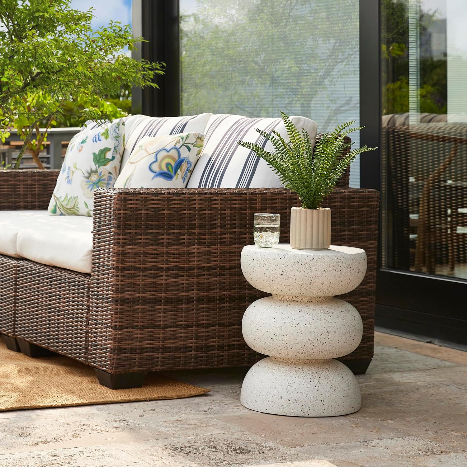 Glitzhome Outdoor Side Table, 18' H Decorative Garden Stool MGO Faux Terrazzo End Table, Heavy Duty Indoor Outdoor Round Planter Stand for Living Room Bedroom Patio Deck Poolside,White