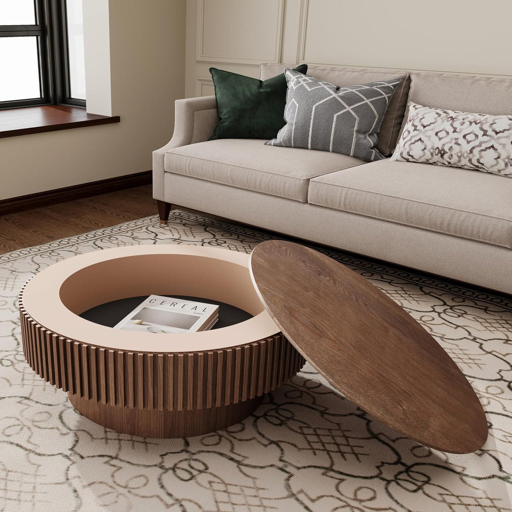 Round Coffee Table with Storage, Modern Handcraft Drum Coffee Table Wood Circle Center Table for Living Room Apartment, 31.49' Walnut