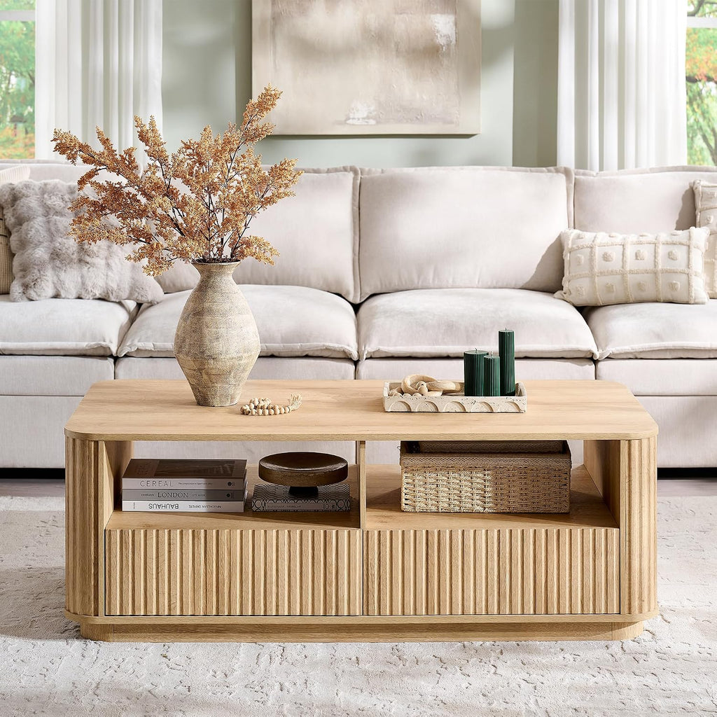 ACCOHOHO 51' Fluted Coffee Table with Storage, Large Modern Center Table with 2 Drawers, Rectangle Wood Coffee Table for Living Room,Natural Oak
