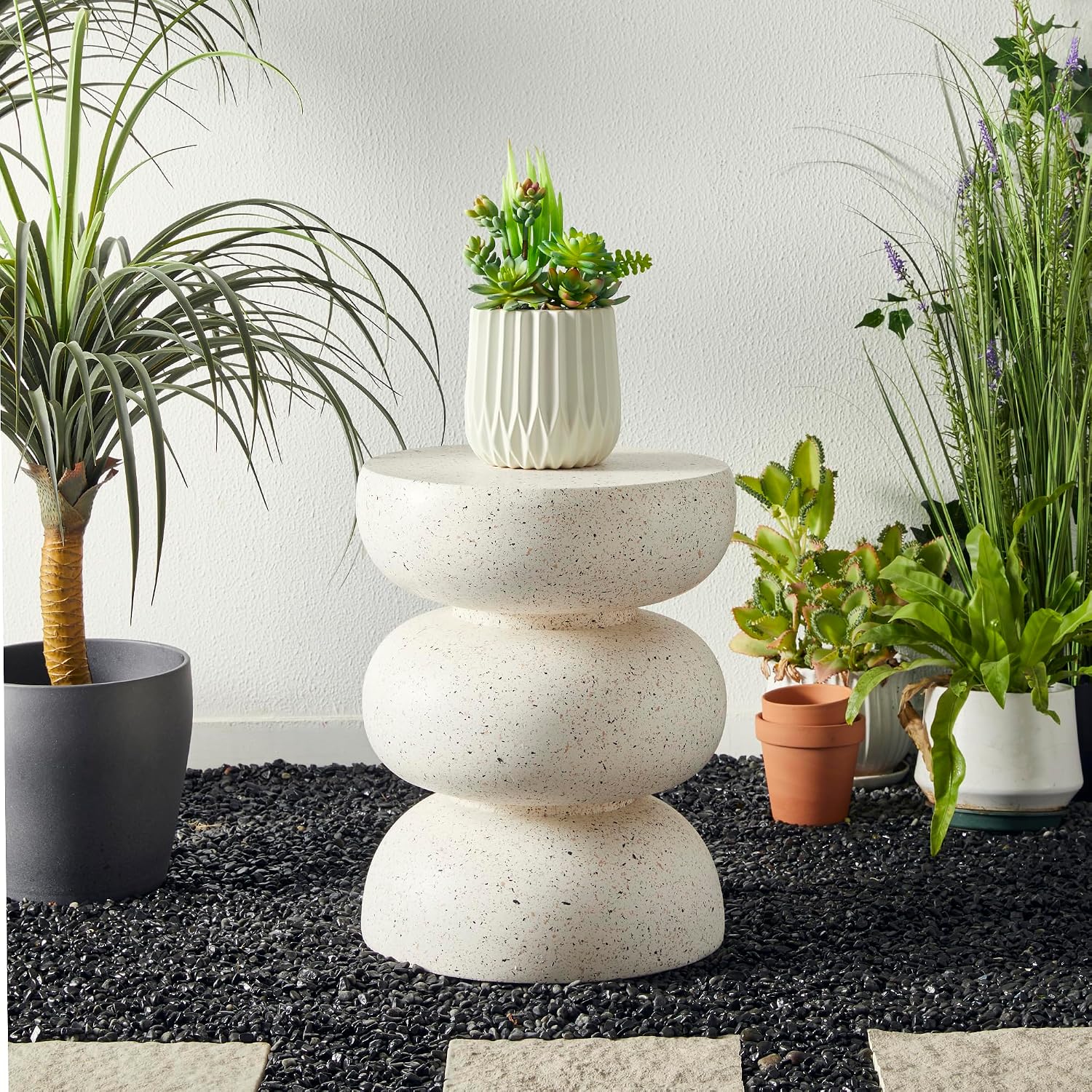 Glitzhome Outdoor Side Table, 18' H Decorative Garden Stool MGO Faux Terrazzo End Table, Heavy Duty Indoor Outdoor Round Planter Stand for Living Room Bedroom Patio Deck Poolside,White