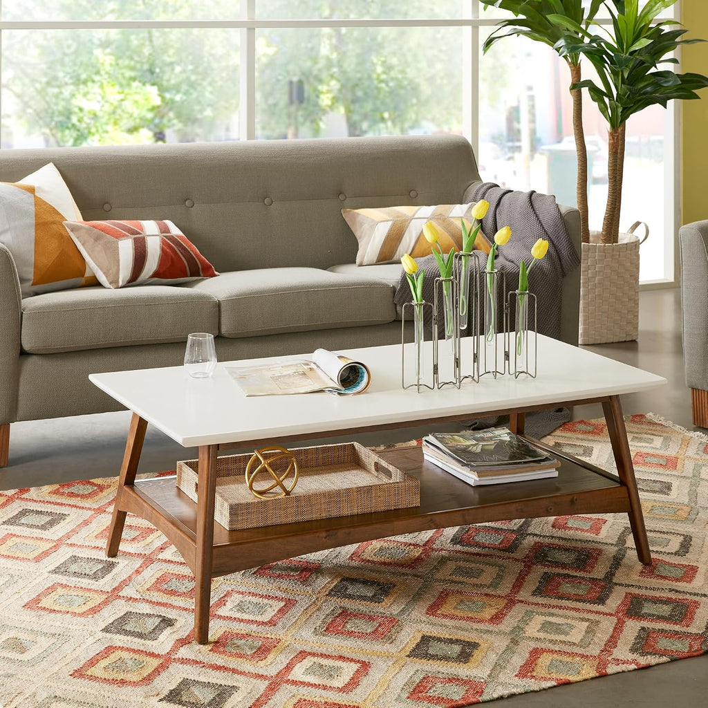 Madison Park Rectangular Wood Coffee Table With Solid Wood Frame & Legs, Living Room Coffee Tables With Storage Shelf, Accent Furniture For Living Room, Minimalist Decor - Off-White / Pecan Parker