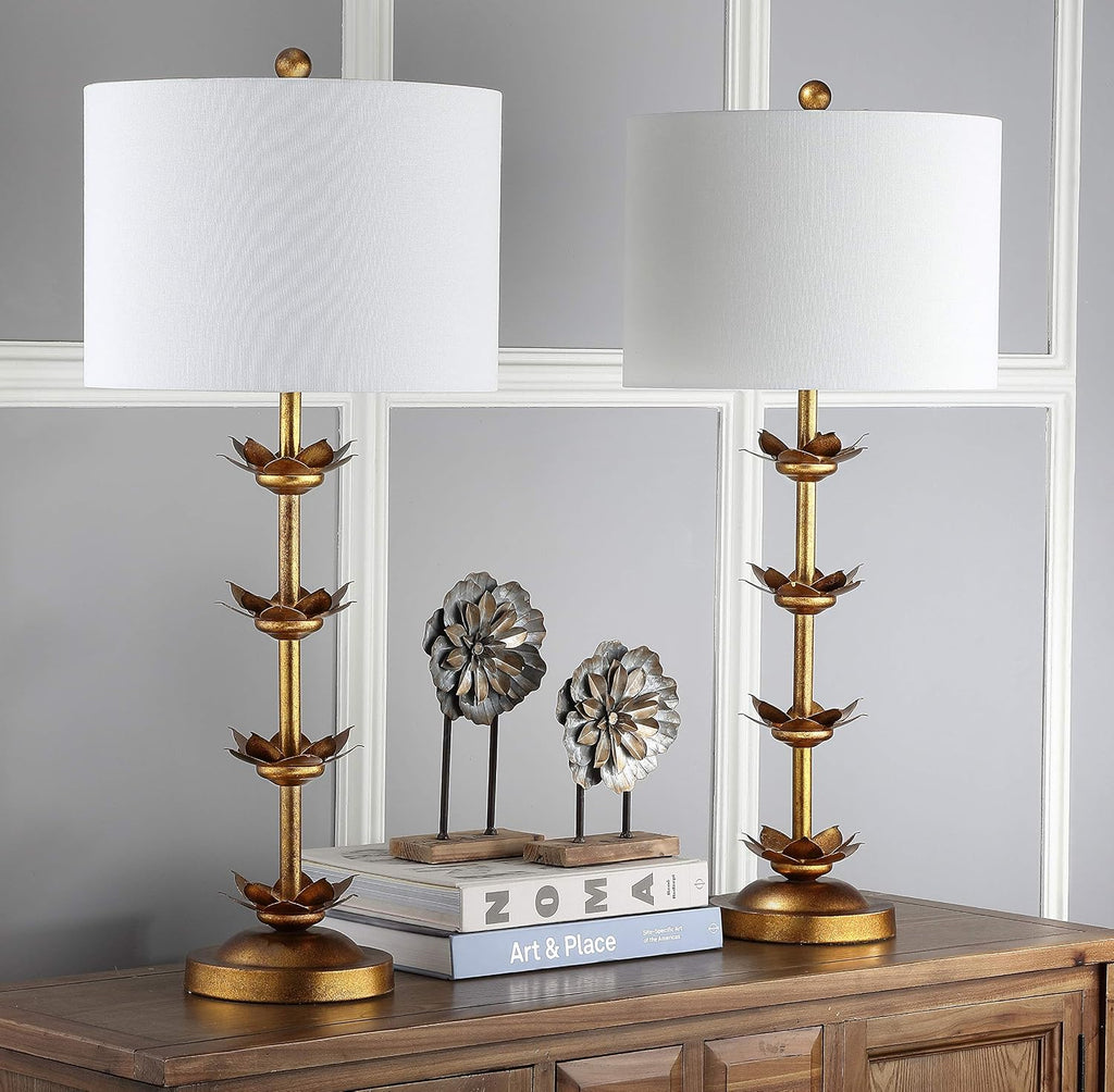 SAFAVIEH Lighting Collection – Set of 2 Lani Antique Gold Leaf 32-Inch Table Lamps, White Drum Shade, LED Bulbs Included, Bedroom Living Room Home Office (TBL4016A-SET2)